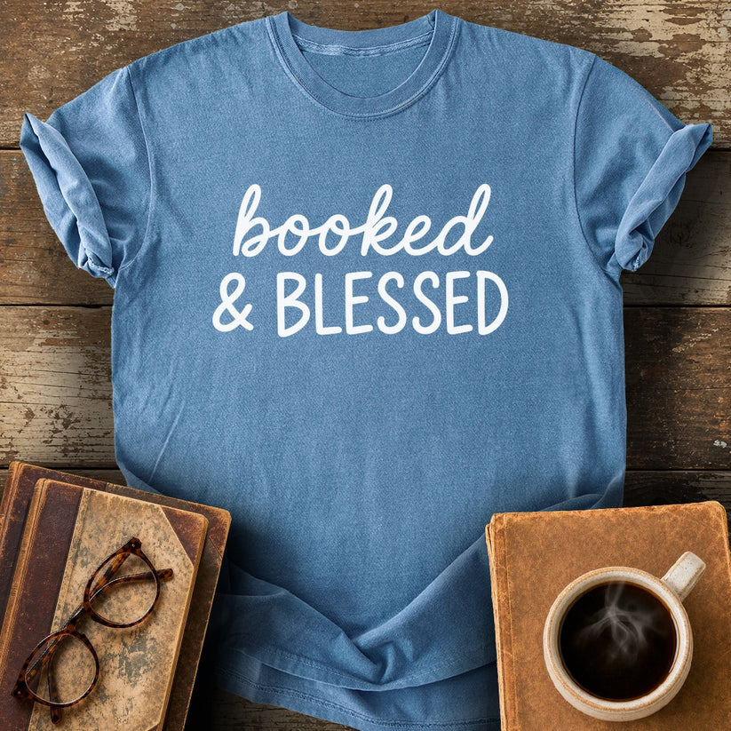 Booked and Blessed Tee - blue jean shirt mockup