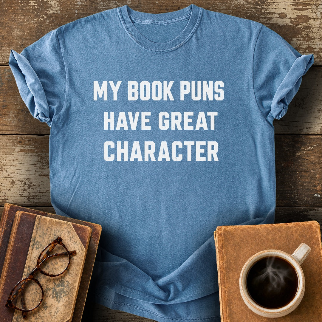 My Book Puns Have Great Character Tee - blue jean shirt mockup