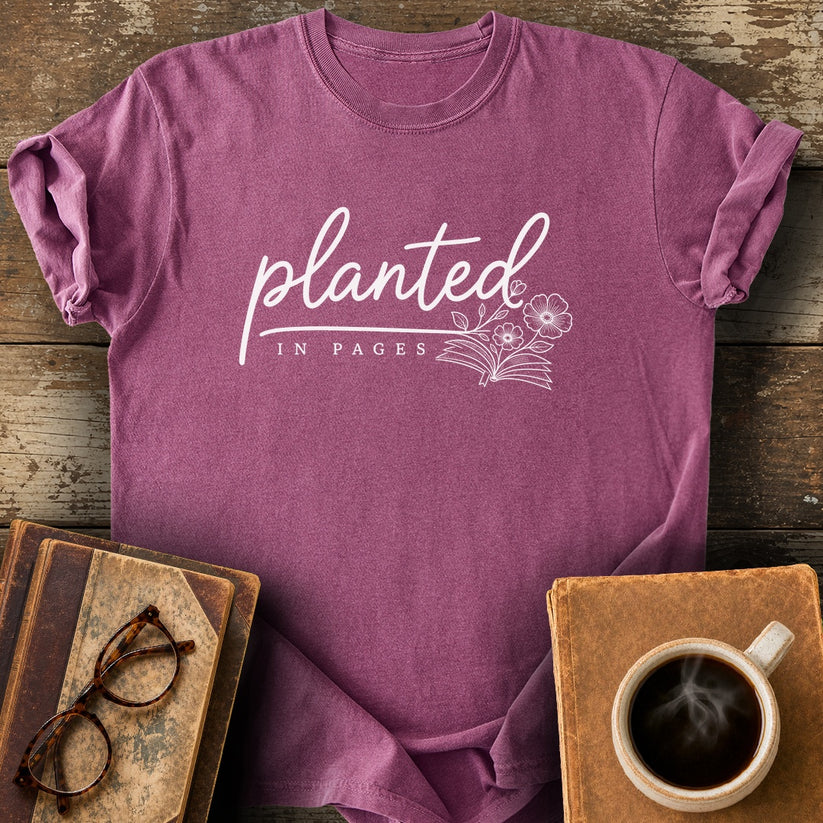 Planted in Pages Tee - berry shirt mockup