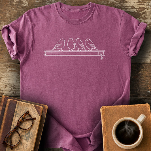 Birds on a Book Spine Tee - berry shirt mockup
