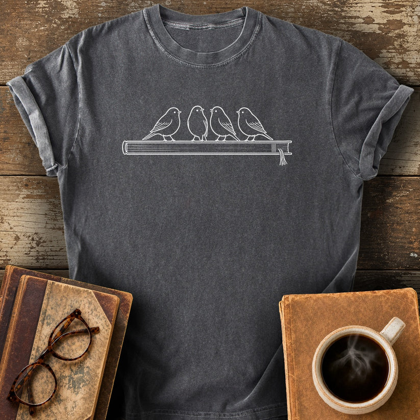 Birds on a Book Spine Tee - pepper shirt mockup