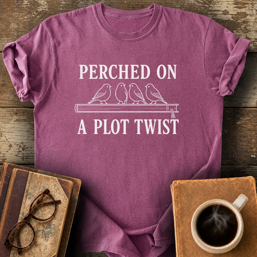 Perched on a Plot Twist Tee - berry shirt mockup