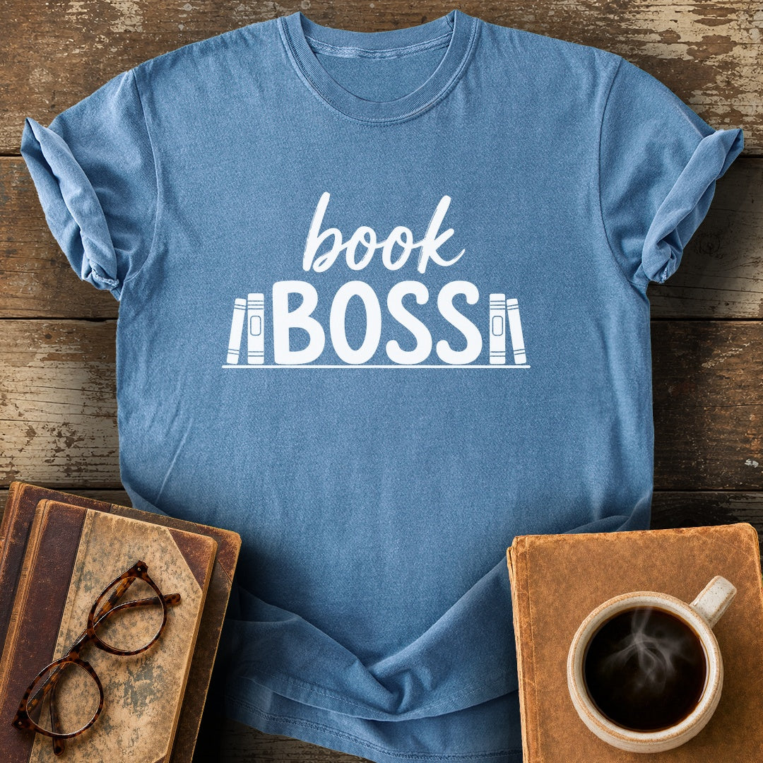 Book Boss Tee - blue jean shirt mockup