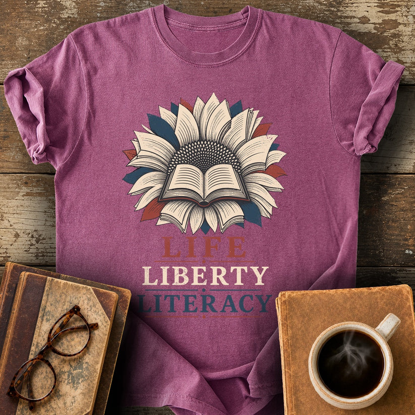 Life Liberty Literacy Tee - berry shirt mockup