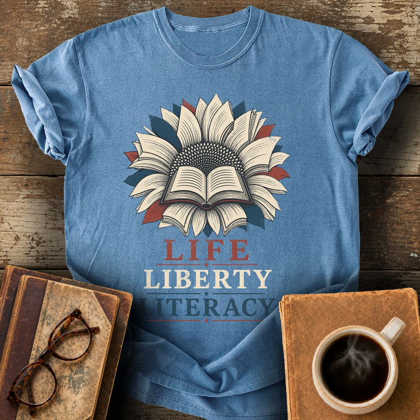 Life Liberty Literacy Tee - blue jean shirt mockup