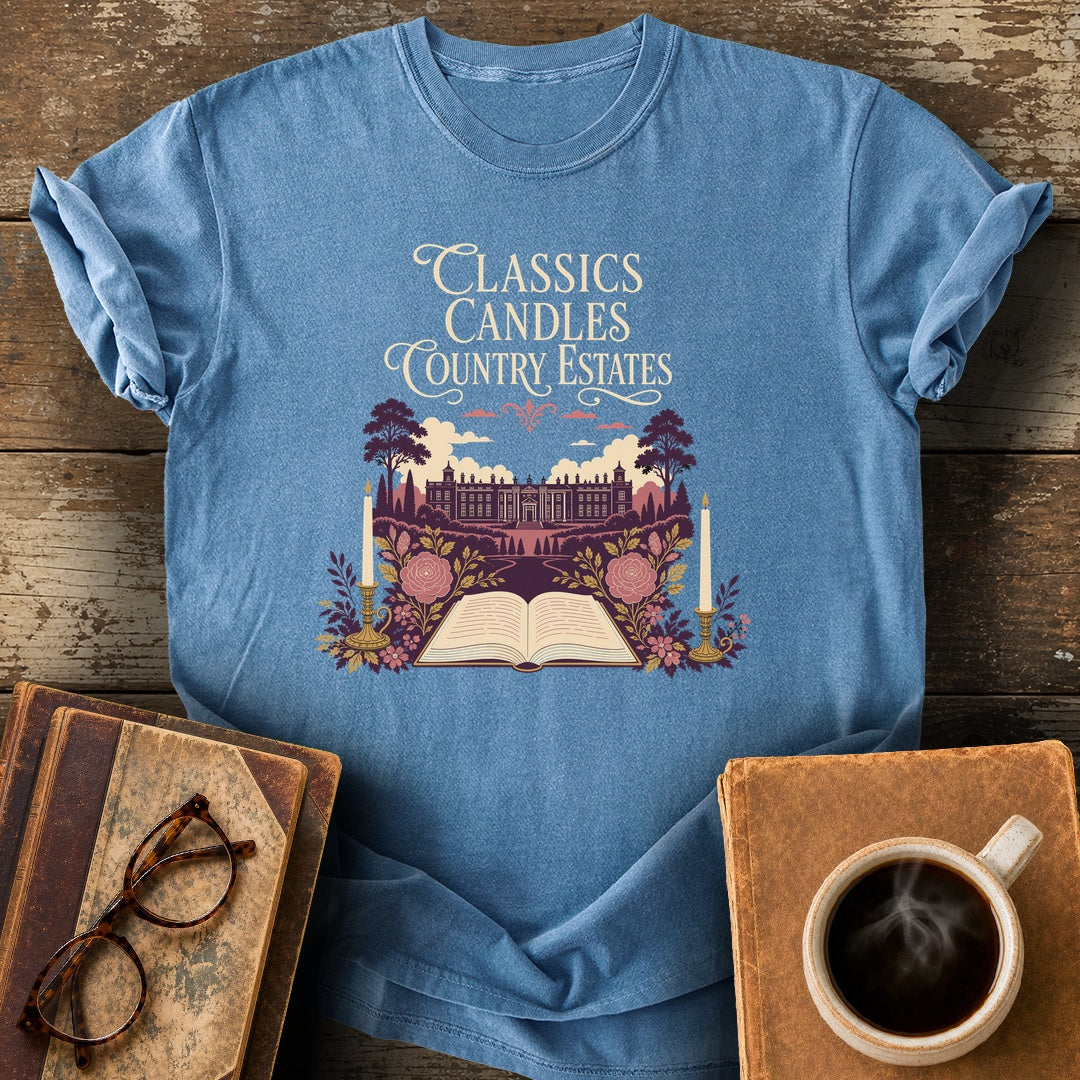 Classics, Candles & Country Estates Tee - blue jean shirt mockup