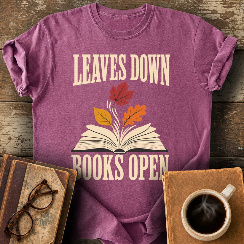 Leaves Down, Books Open Tee - berry shirt mockup