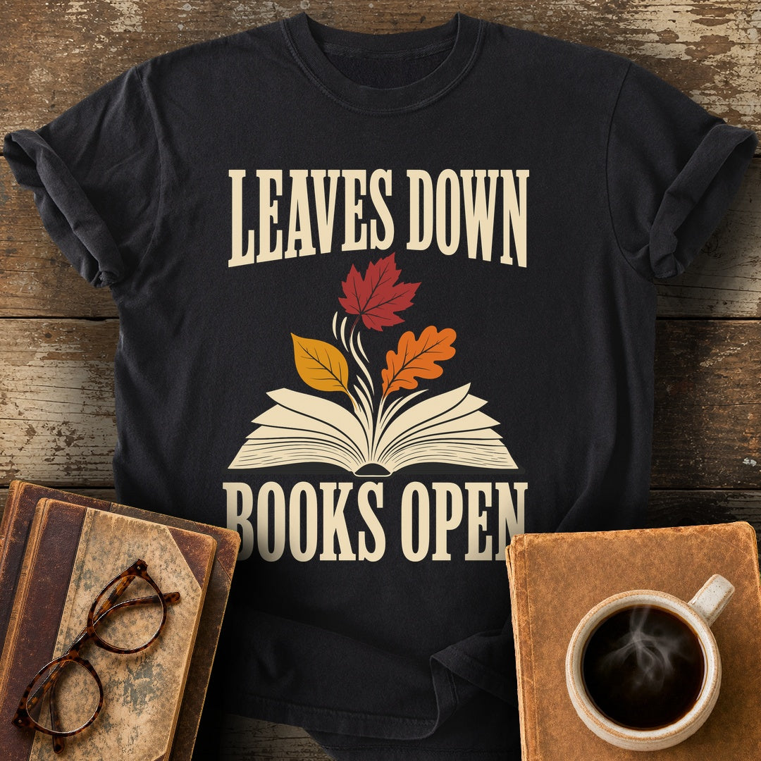 Leaves Down, Books Open Tee - black shirt mockup