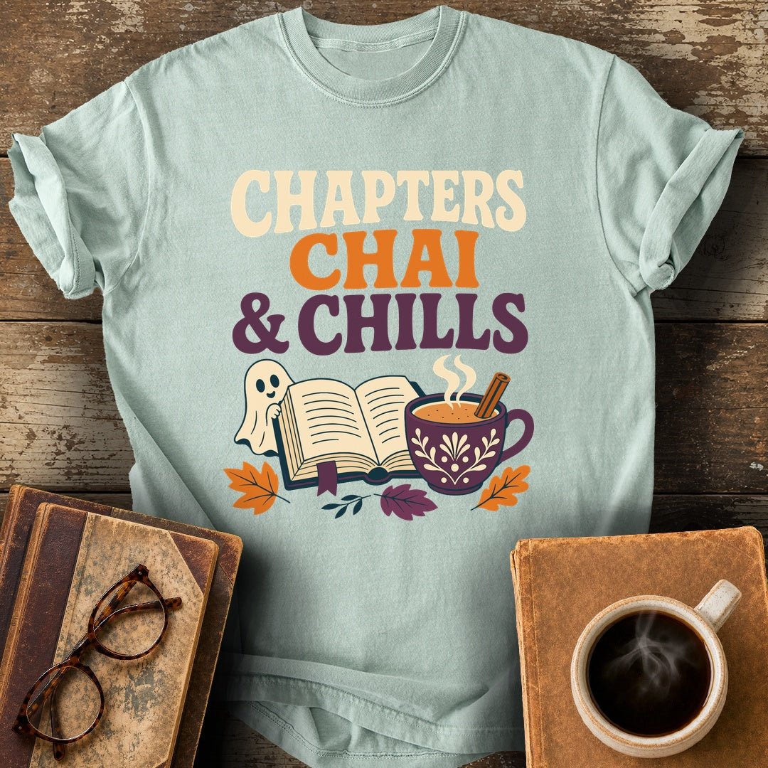Chapters, Chai & Chills Tee - bay shirt mockup