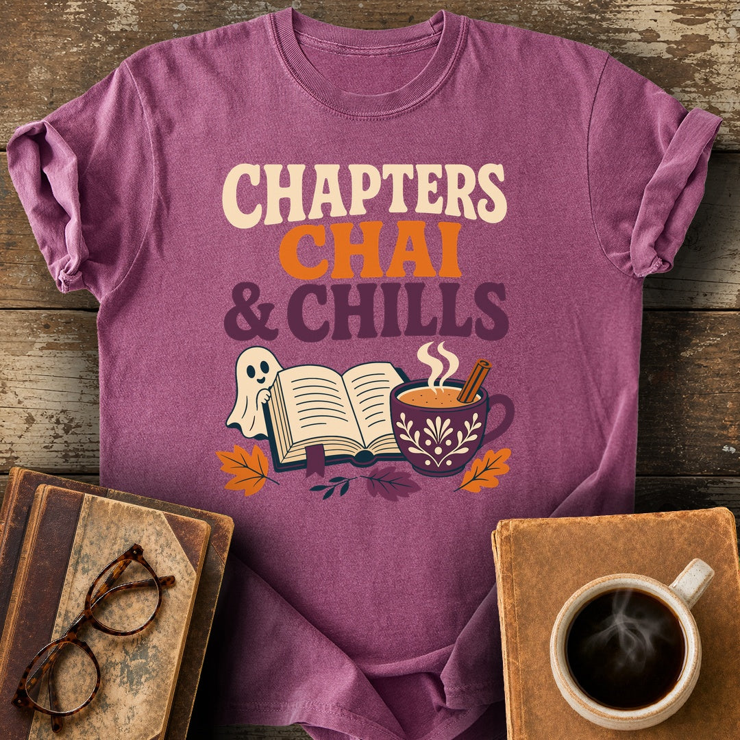 Chapters, Chai & Chills Tee - berry shirt mockup