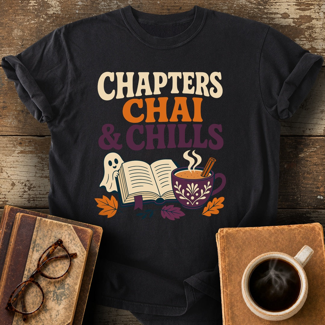 Chapters, Chai & Chills Tee - black shirt mockup
