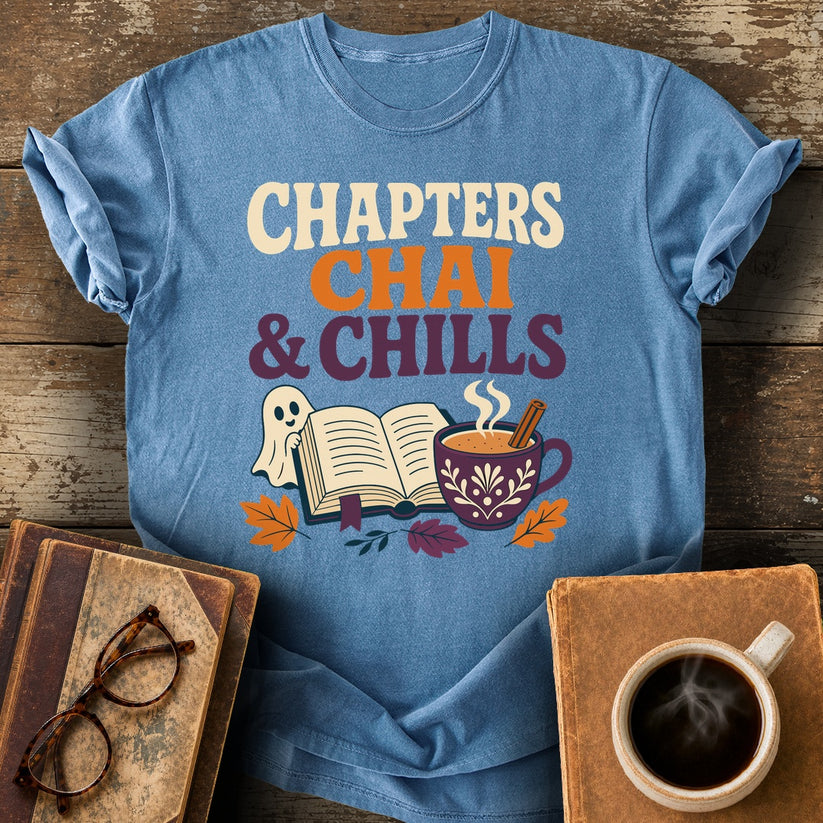Chapters, Chai & Chills Tee - blue jean shirt mockup