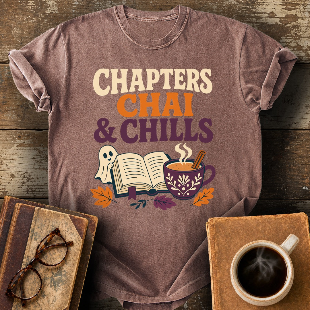 Chapters, Chai & Chills Tee - espresso shirt mockup