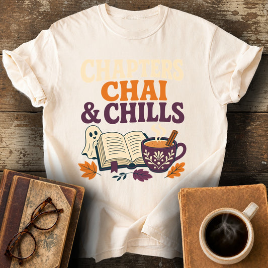 Chapters, Chai & Chills Tee - ivory shirt mockup