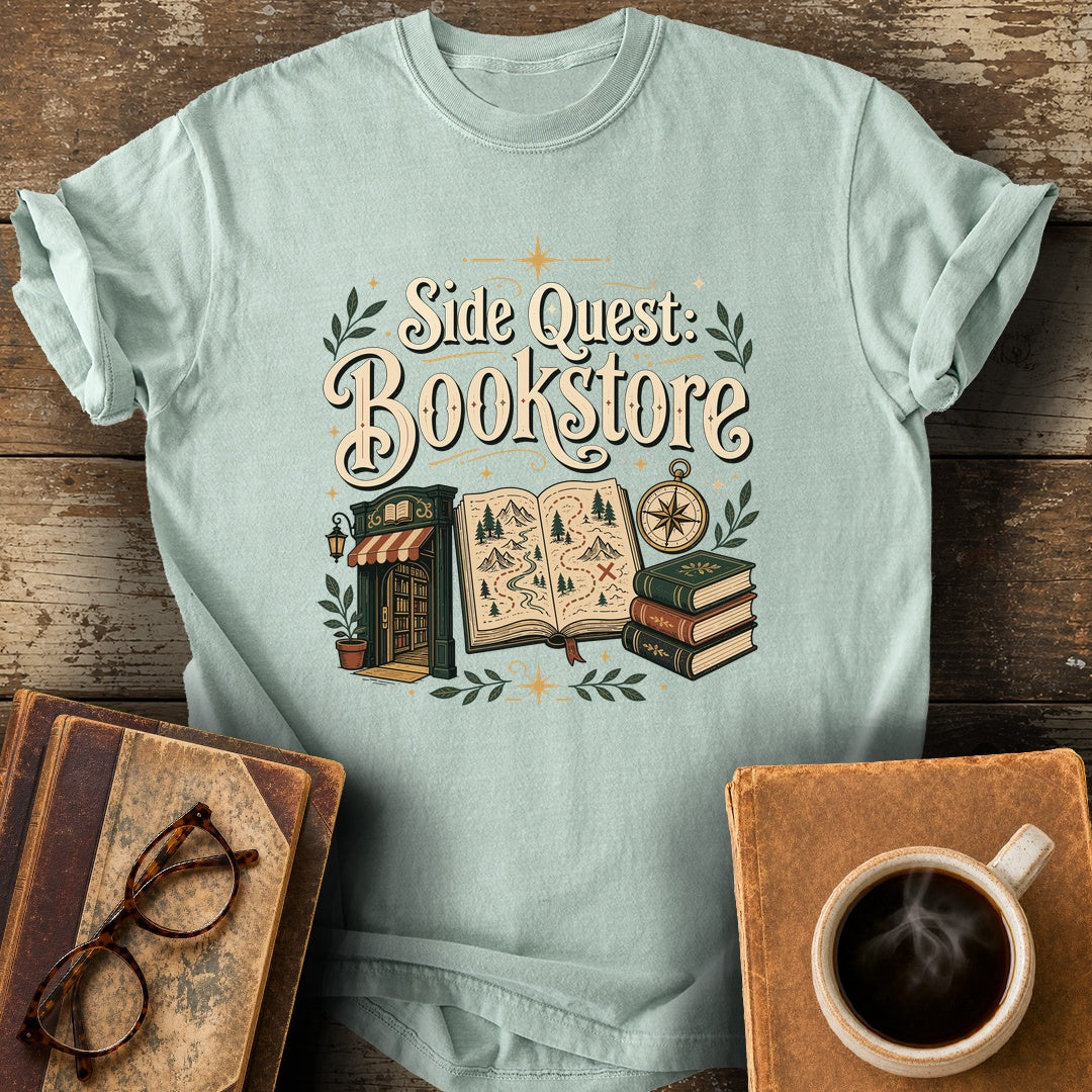 Side Quest Bookstore T-Shirt - bay shirt mockup