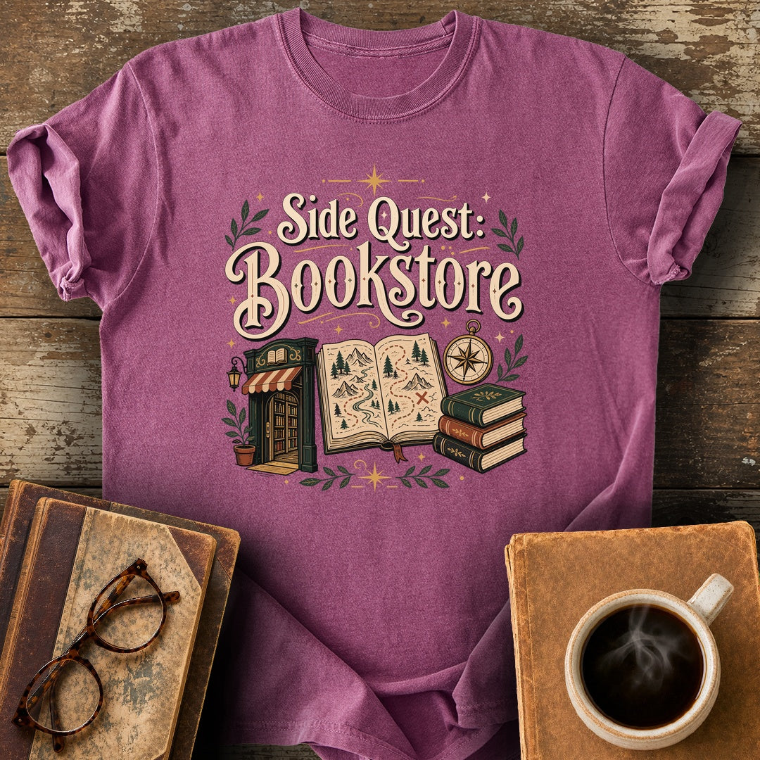 Side Quest Bookstore T-Shirt - berry shirt mockup