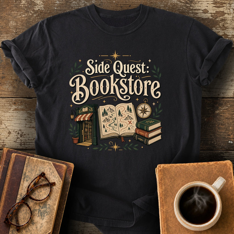 Side Quest Bookstore T-Shirt - black shirt mockup