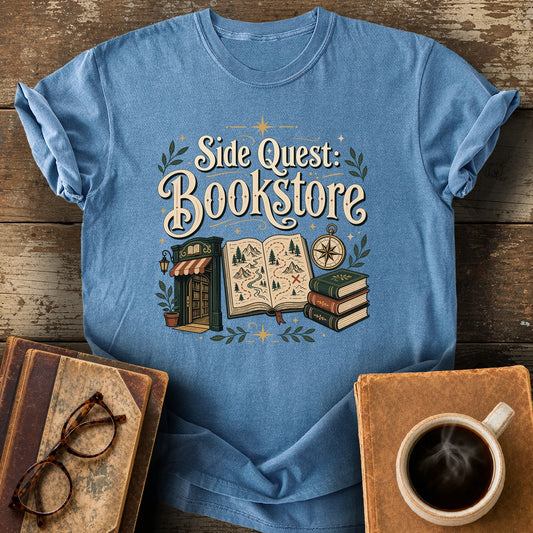 Side Quest Bookstore T-Shirt - blue jean shirt mockup