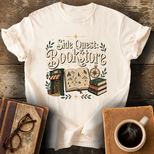 Side Quest Bookstore T-Shirt - ivory shirt mockup