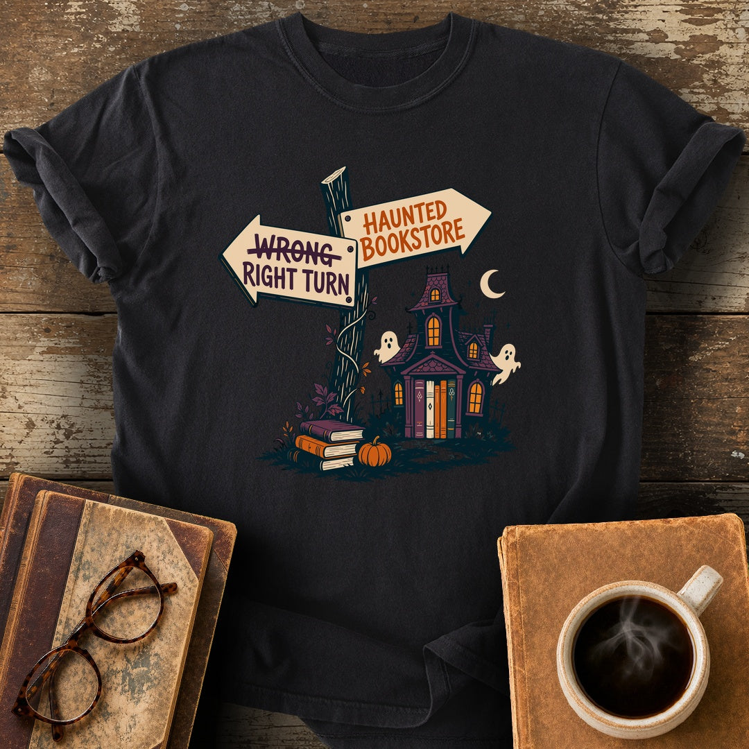 Right Turn: Haunted Bookstore Tee - black shirt mockup