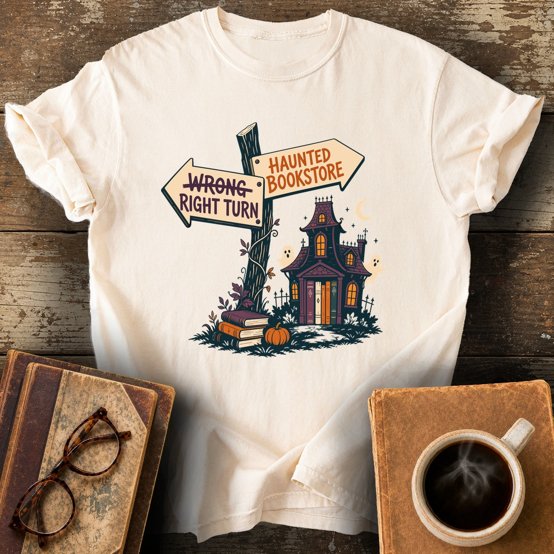 Right Turn: Haunted Bookstore Tee - ivory shirt mockup