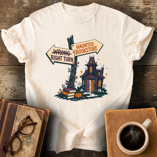 Right Turn: Haunted Bookstore Tee - ivory shirt mockup