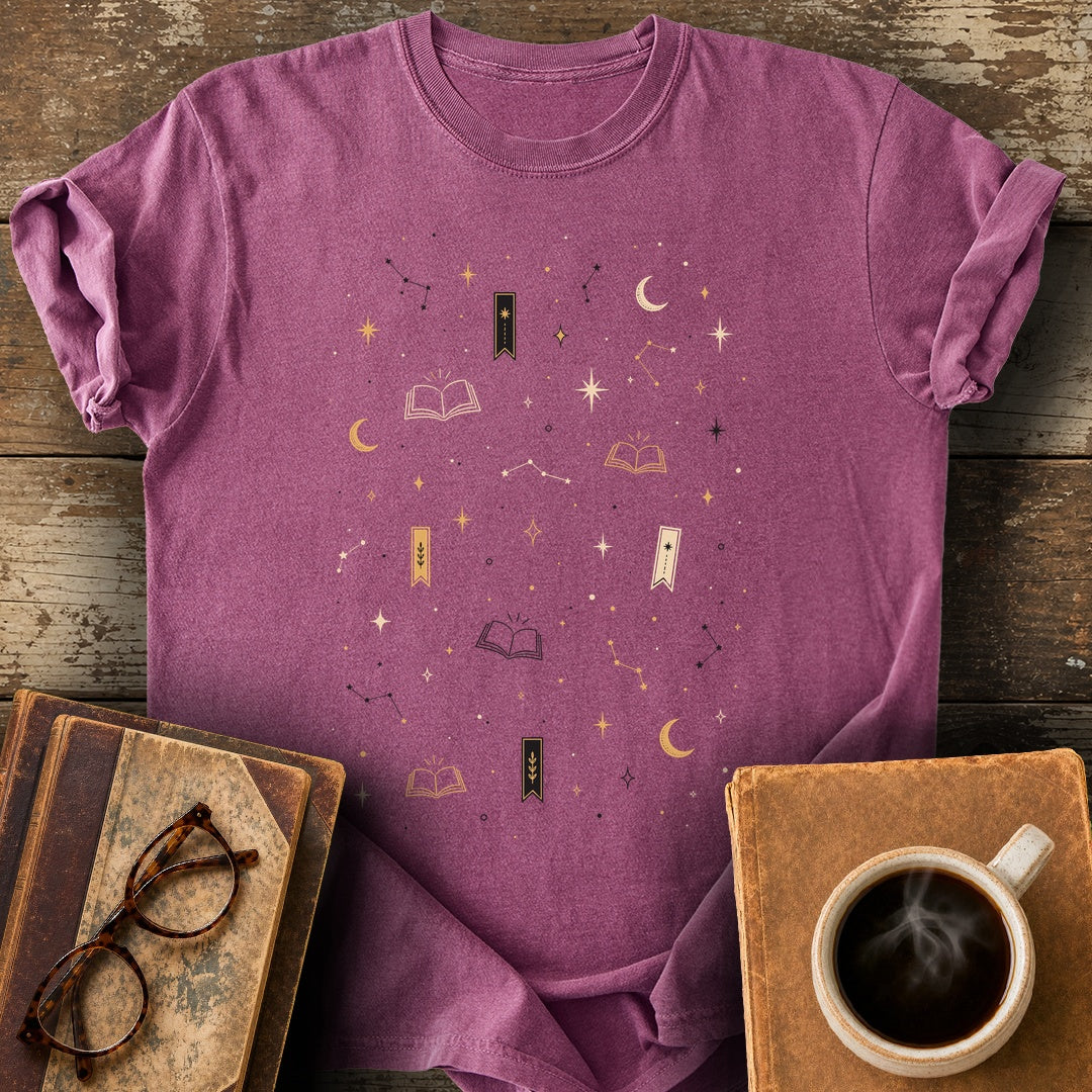 Bookish Celestial Pattern T-Shirt - berry shirt mockup
