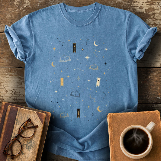 Bookish Celestial Pattern T-Shirt - blue jean shirt mockup