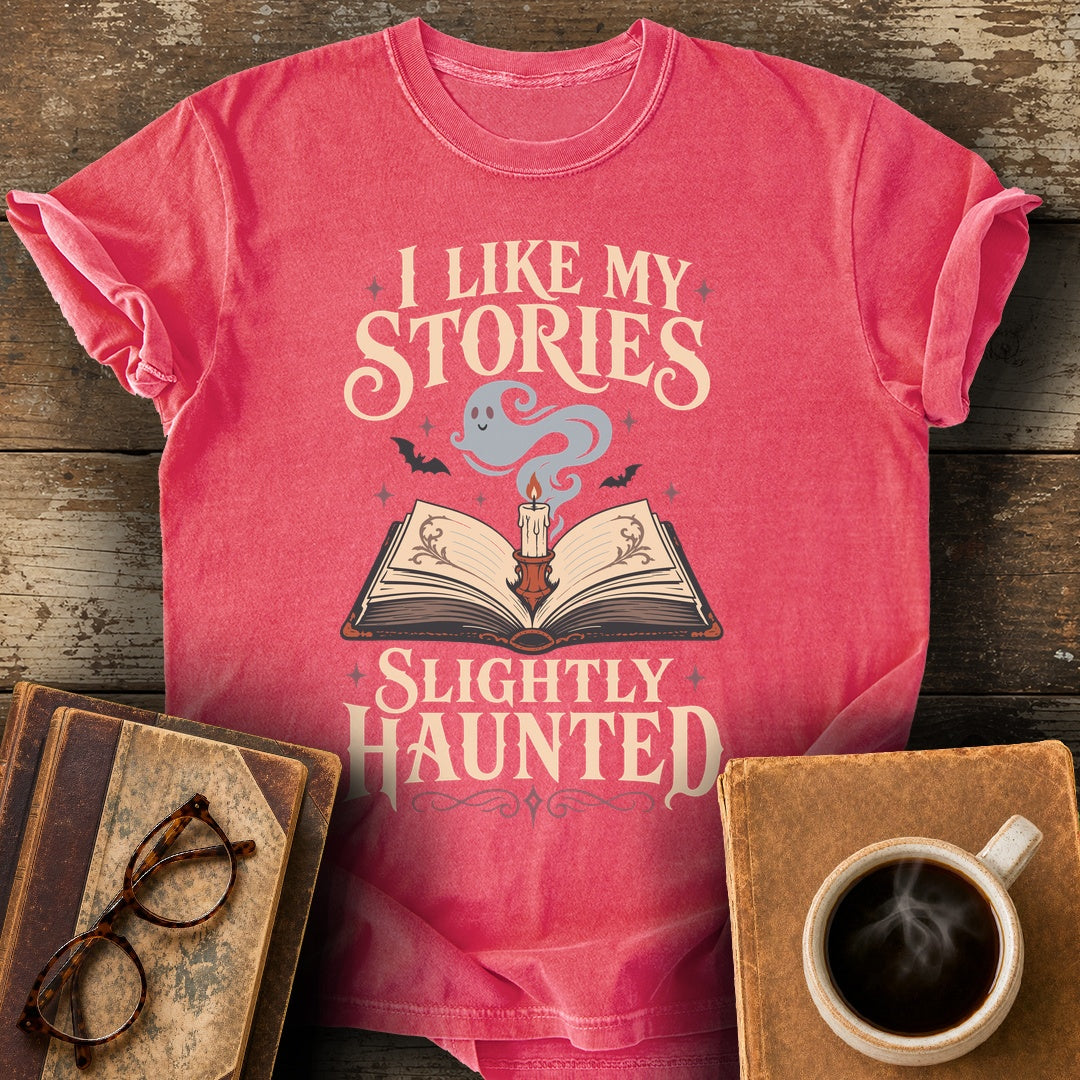 I Like My Stories Slightly Haunted Tee - watermelon shirt mockup