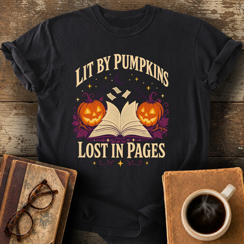 Lit by Pumpkins, Lost in Pages Tee - black shirt mockup