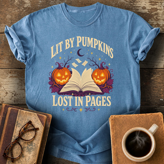 Lit by Pumpkins, Lost in Pages Tee - blue jean shirt mockup