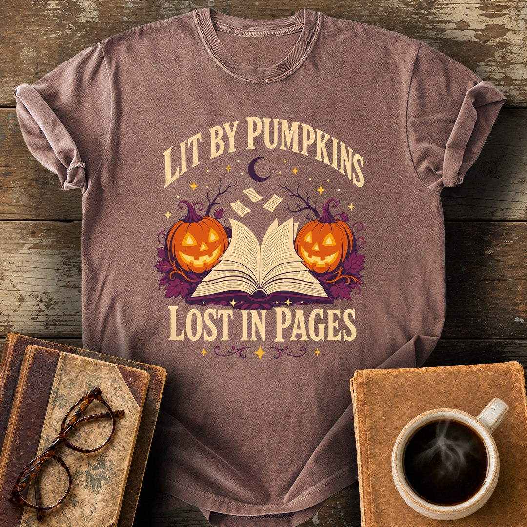 Lit by Pumpkins, Lost in Pages Tee - espresso shirt mockup