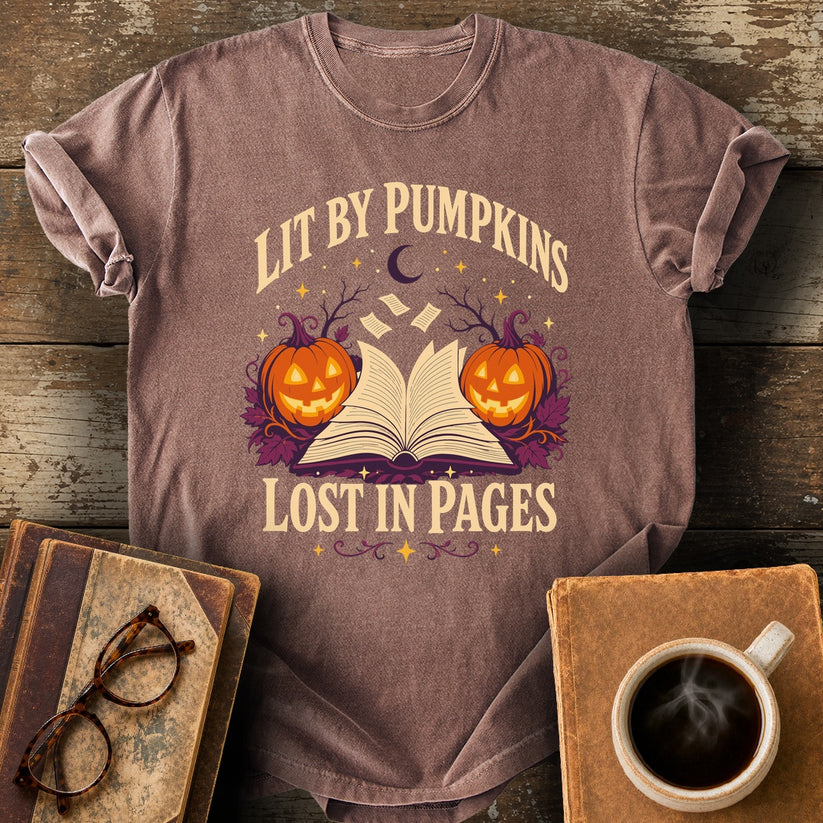 Lit by Pumpkins, Lost in Pages Tee - espresso shirt mockup