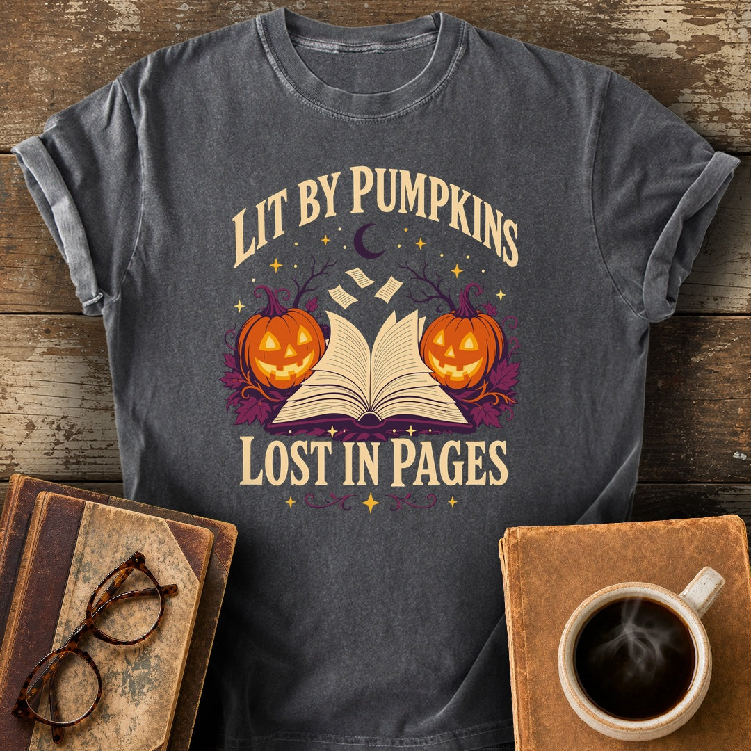 Lit by Pumpkins, Lost in Pages Tee - pepper shirt mockup