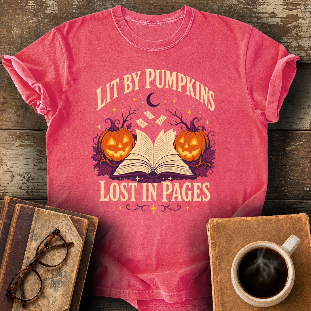 Lit by Pumpkins, Lost in Pages Tee - watermelon shirt mockup