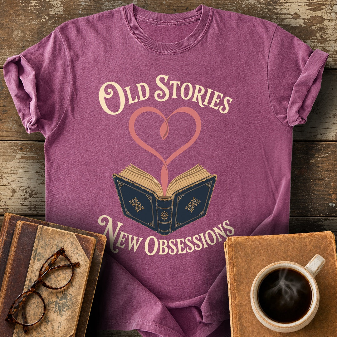 Old Stories, New Obsessions Tee - berry shirt mockup
