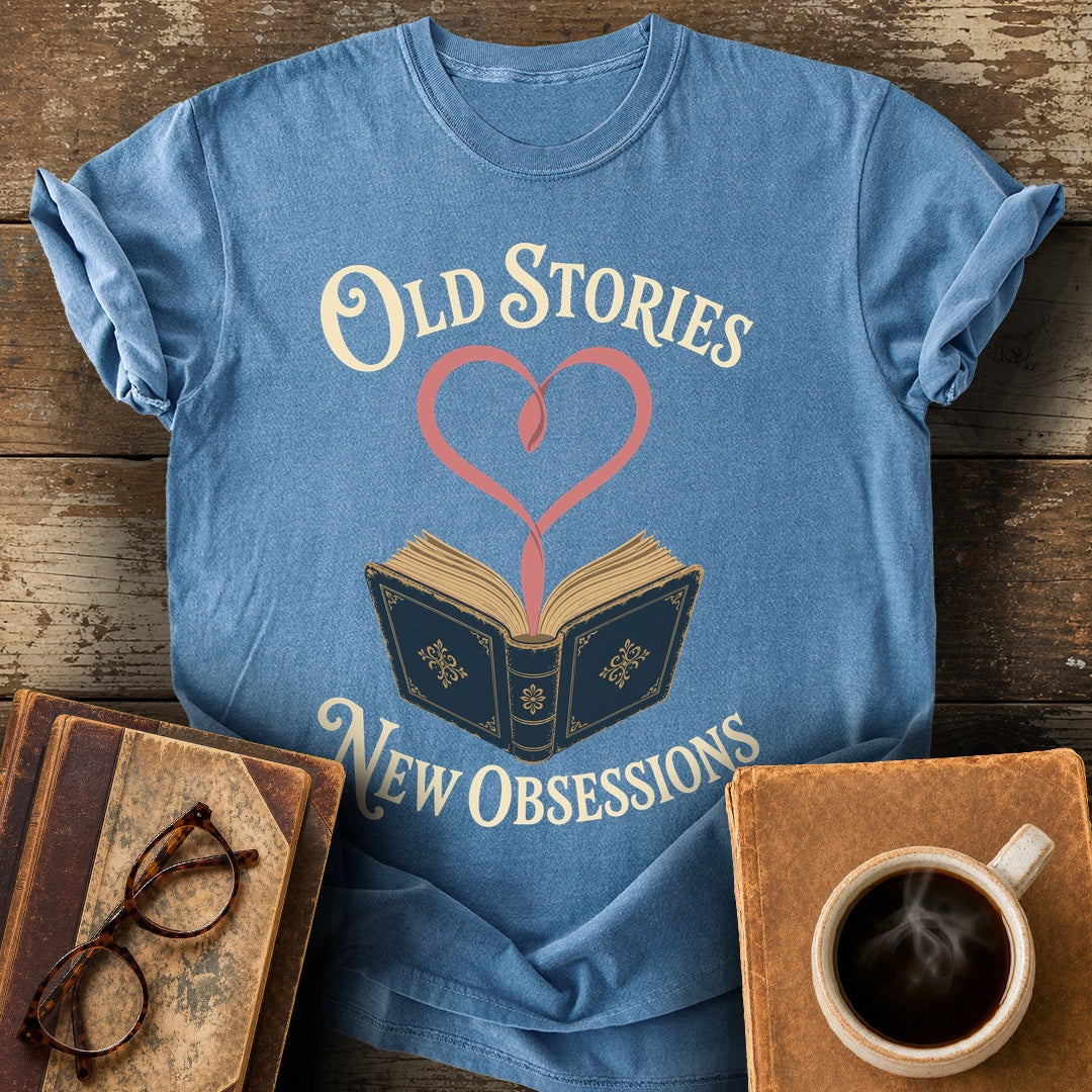 Old Stories, New Obsessions Tee - blue jean shirt mockup