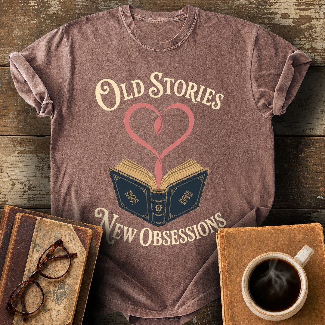Old Stories, New Obsessions Tee - espresso shirt mockup