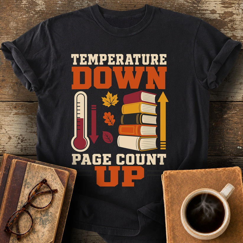 Temperature Down, Page Count Up Tee - black shirt mockup
