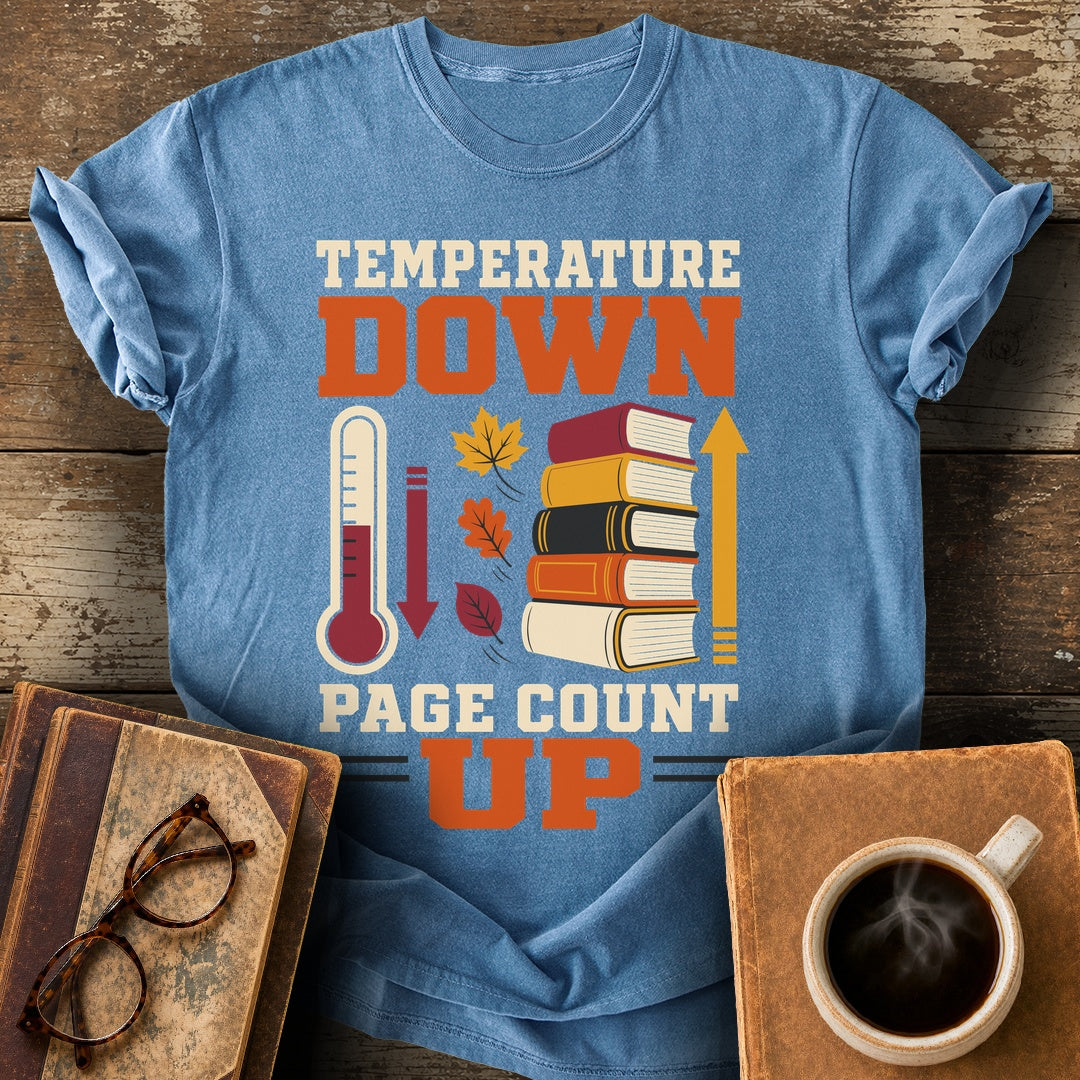 Temperature Down, Page Count Up Tee - blue jean shirt mockup