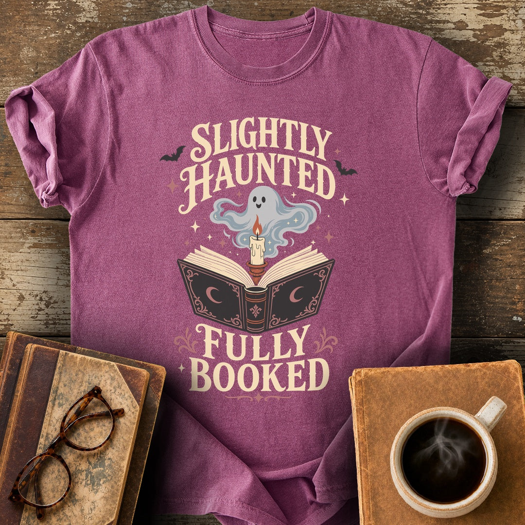 Slightly Haunted, Fully Booked Tee - berry shirt mockup
