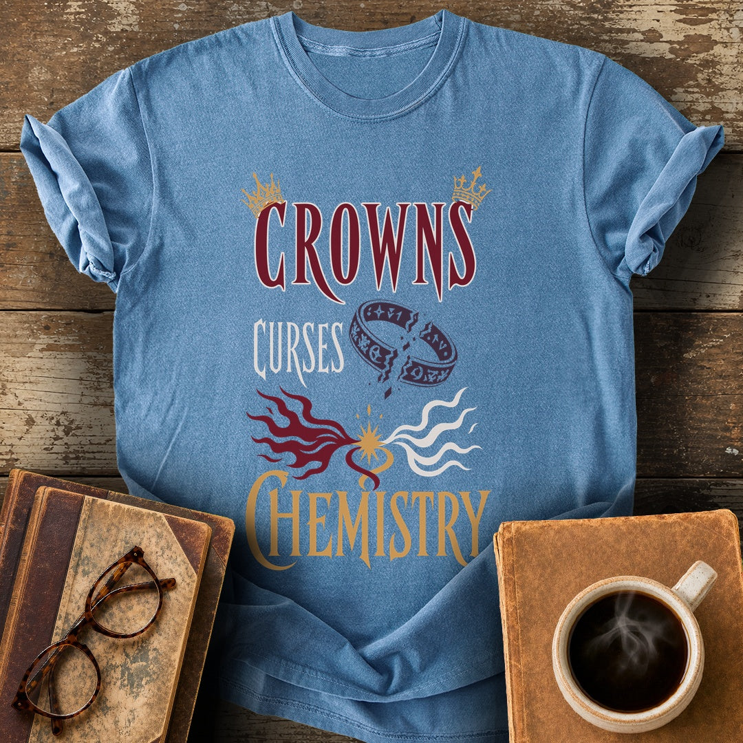 Crowns, Curses & Chemistry Tee - blue jean shirt mockup