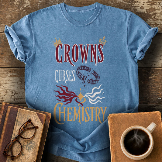 Crowns, Curses & Chemistry Tee - blue jean shirt mockup