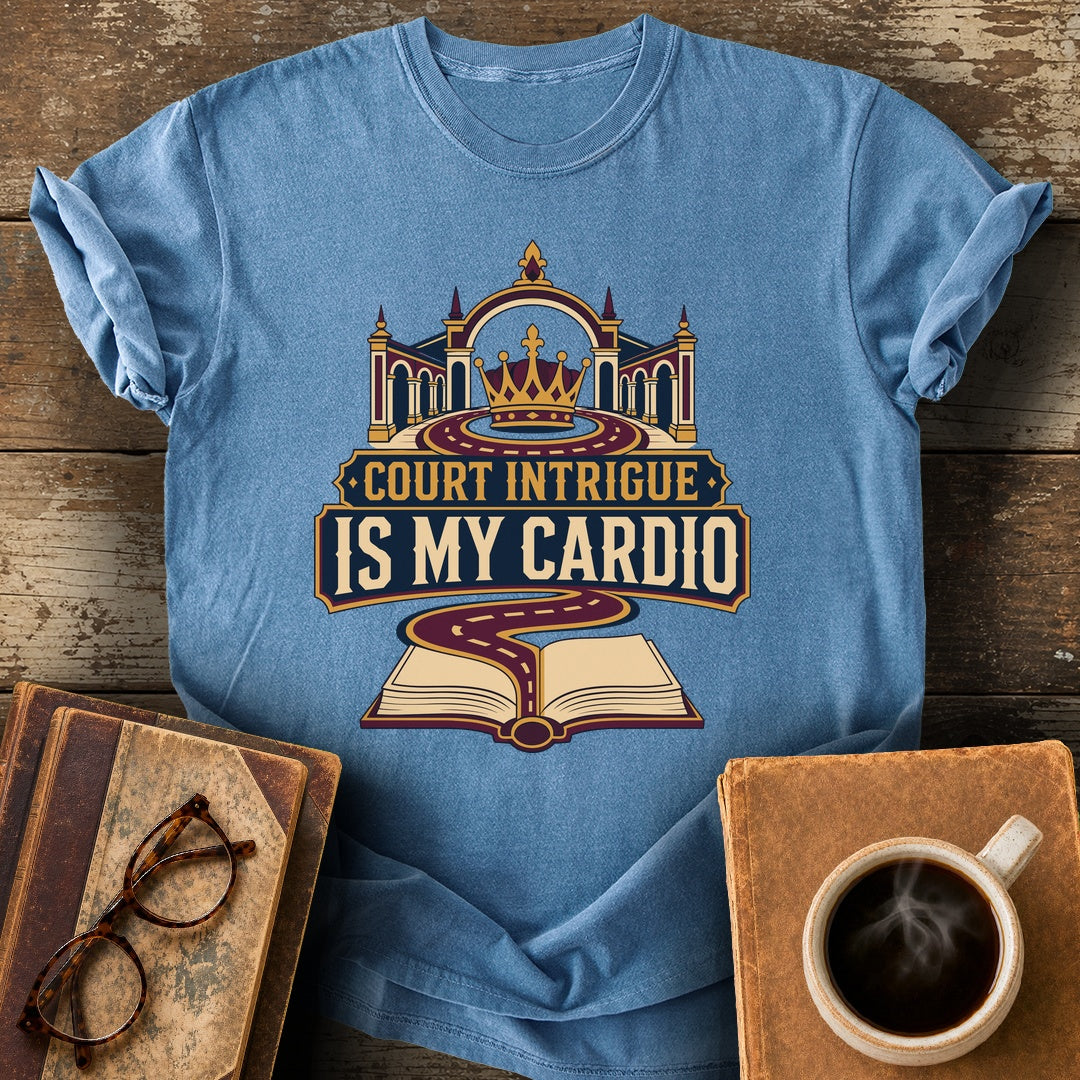 Court Intrigue Is My Cardio Tee - blue jean shirt mockup