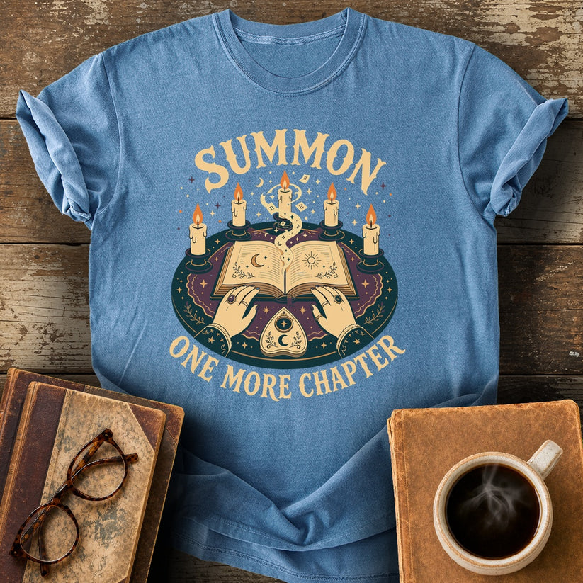Summon One More Chapter Tee - blue jean shirt mockup