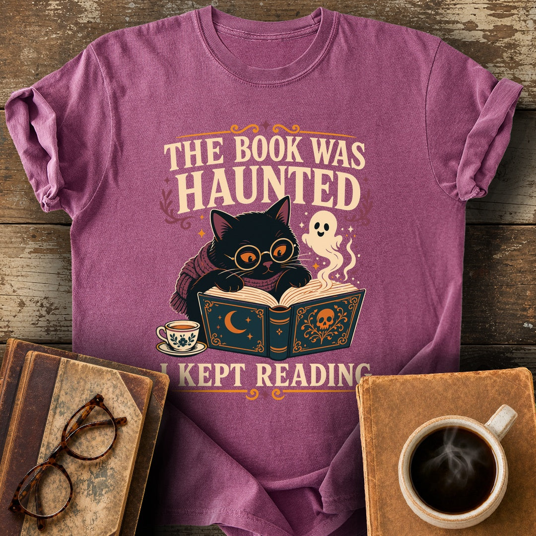 The Book Was Haunted, I Kept Reading Tee - berry shirt mockup