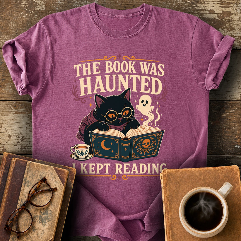 The Book Was Haunted, I Kept Reading Tee - berry shirt mockup