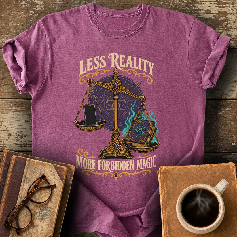 Less Reality, More Forbidden Magic Tee - berry shirt mockup