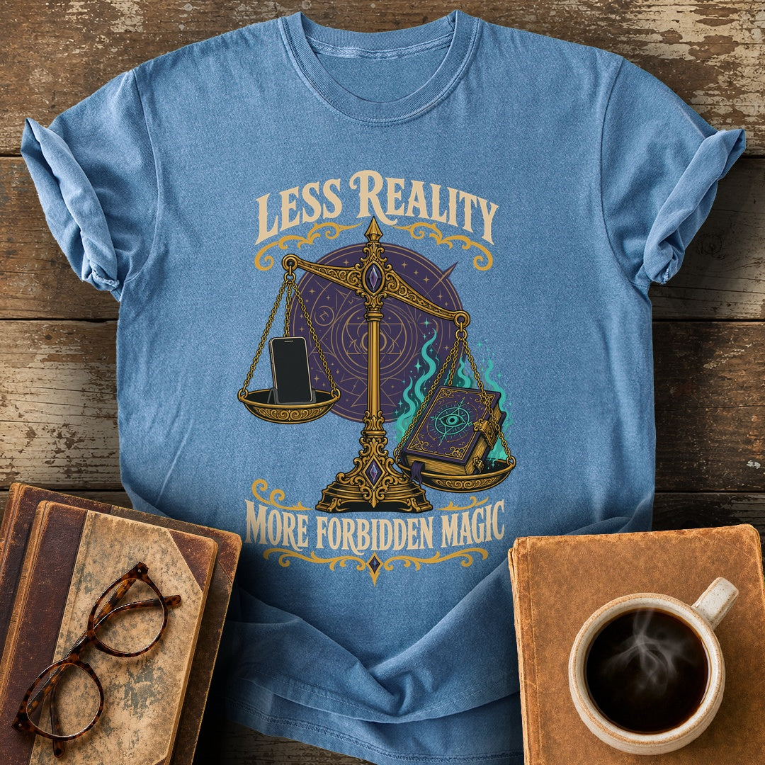 Less Reality, More Forbidden Magic Tee - blue jean shirt mockup
