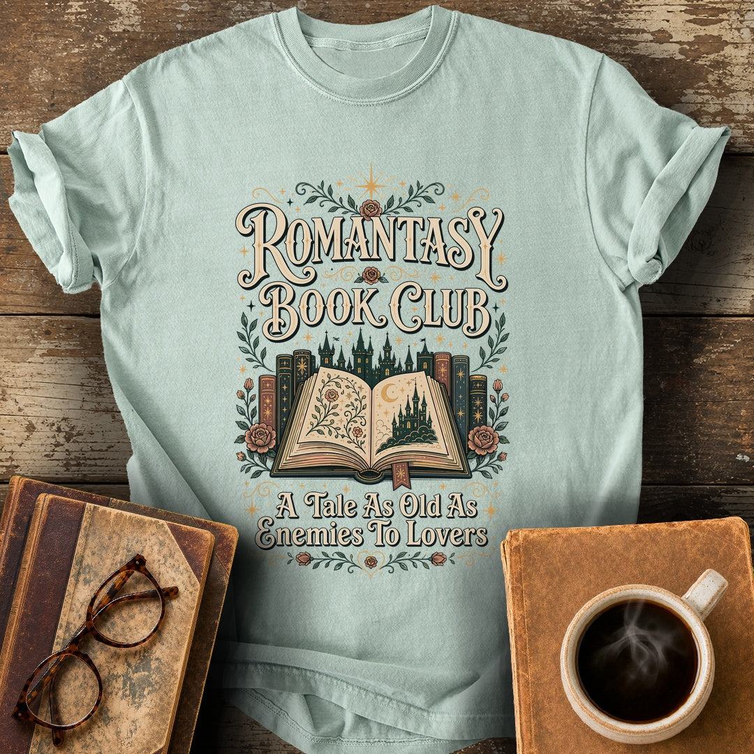 Romantasy Book Club Enemies To Lovers T-Shirt - bay shirt mockup